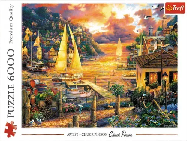 A vibrant painting of a coastal town at sunset with sailboats in the harbor and a stone pier in the foreground.