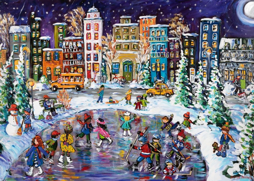 An oil painting of children ice skating and playing in a snowy city park at night.