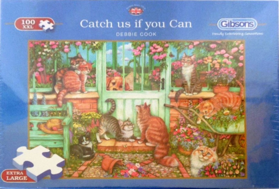 Illustration of seven cats and a dog in a lush, blooming garden greenhouse scene.