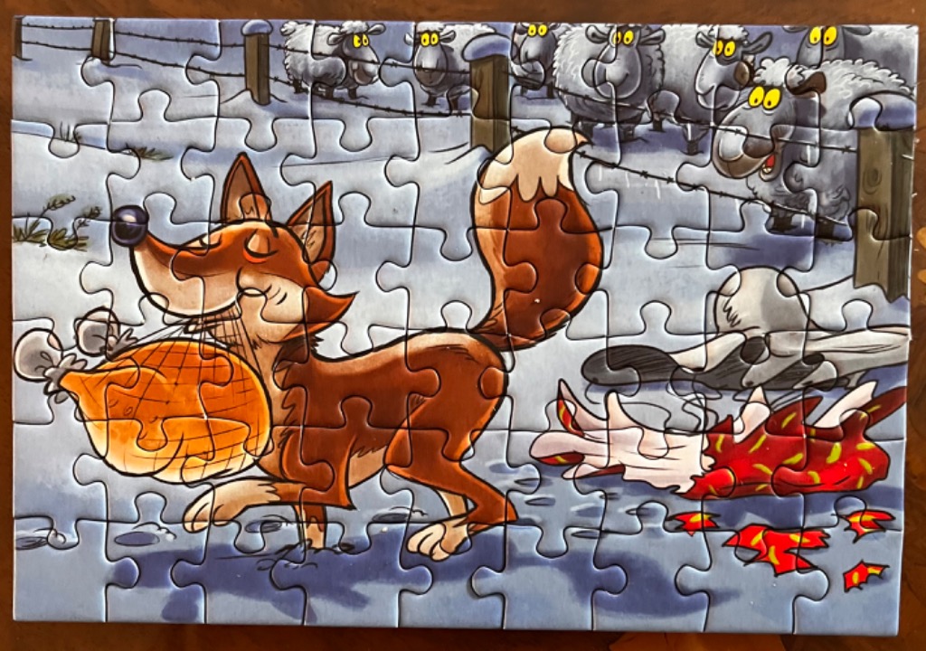 Cartoon fox carrying a turkey past surprised sheep in a snowy scene.