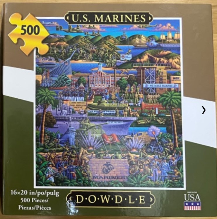 A folk-art style illustration depicting a montage of U.S. Marine Corps life, training, and history.