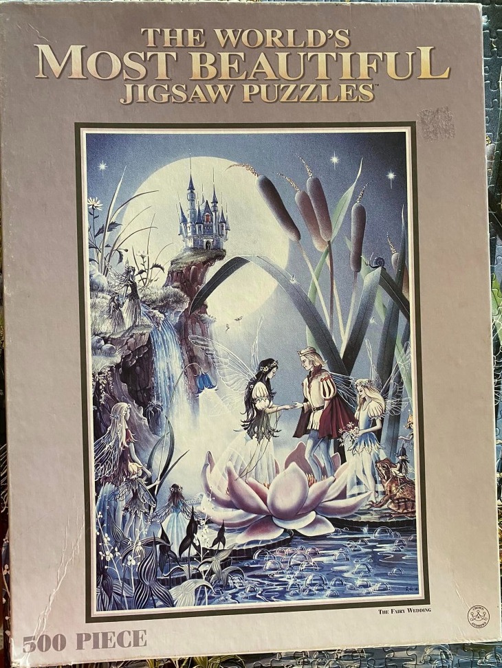 A fantasy illustration of a fairy wedding taking place on a giant lotus flower by a moonlit castle and waterfall.