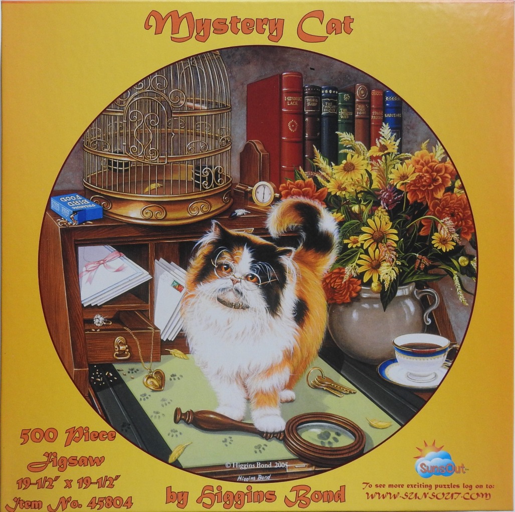 A long-haired calico cat with glasses standing on a desk with a magnifying glass.