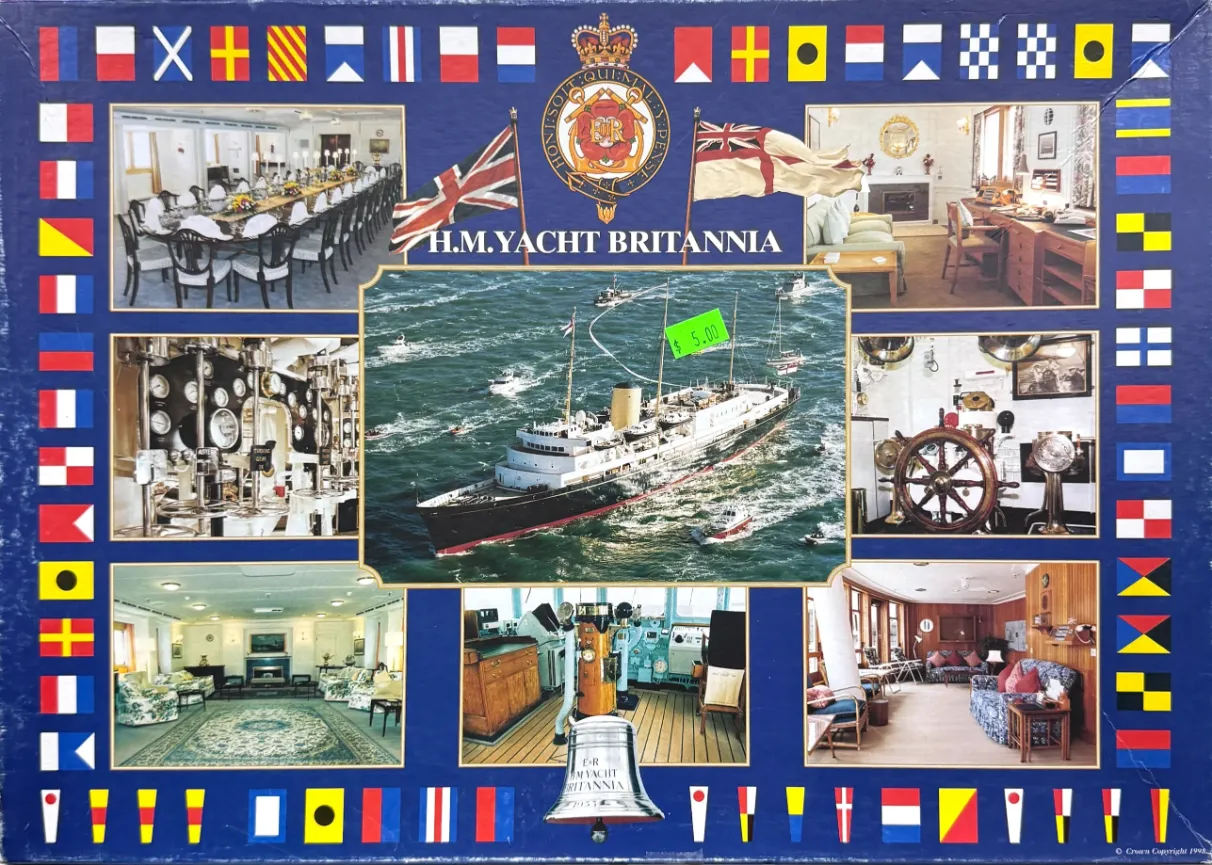 A collage of H.M. Yacht Britannia, featuring exterior views, interior rooms, and naval signals flags.