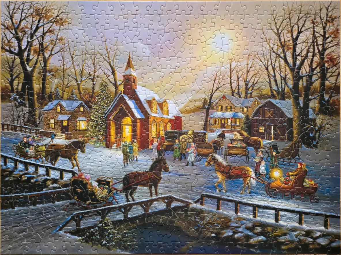 A nostalgic winter scene featuring a small church, horse-drawn carriages, and snow-covered trees at twilight.
