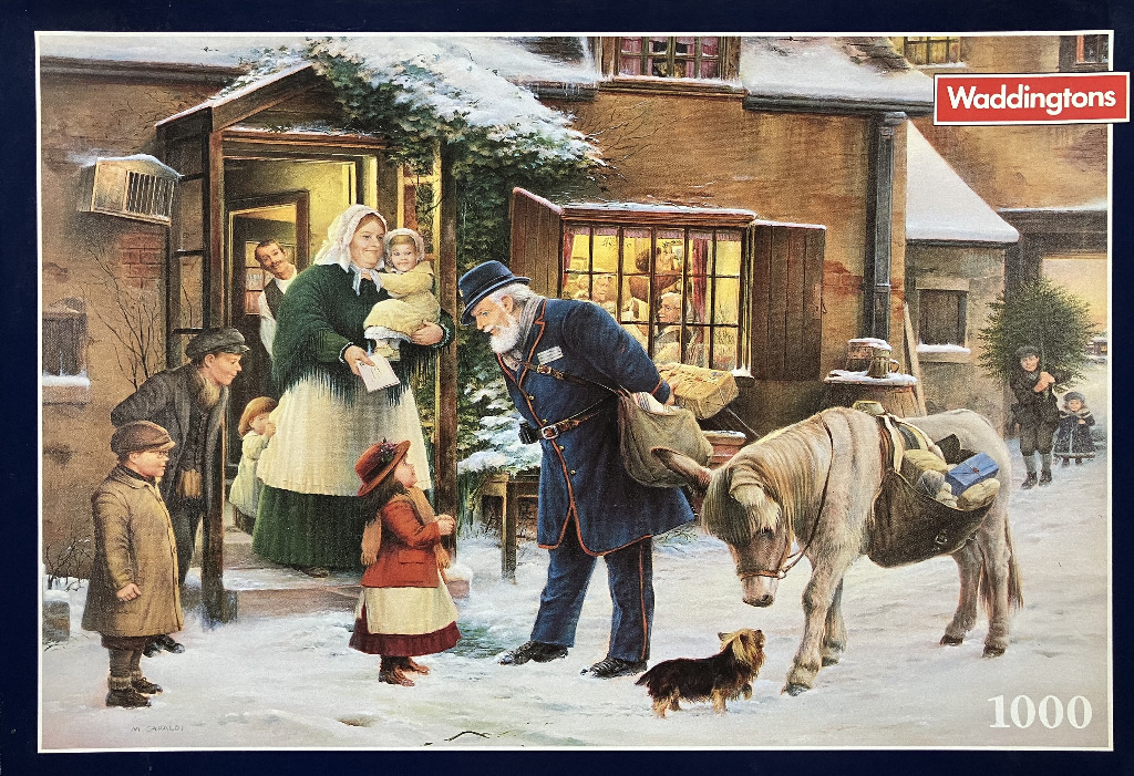 Victorian-era winter scene with a postman, children, and a donkey in front of a stone cottage.