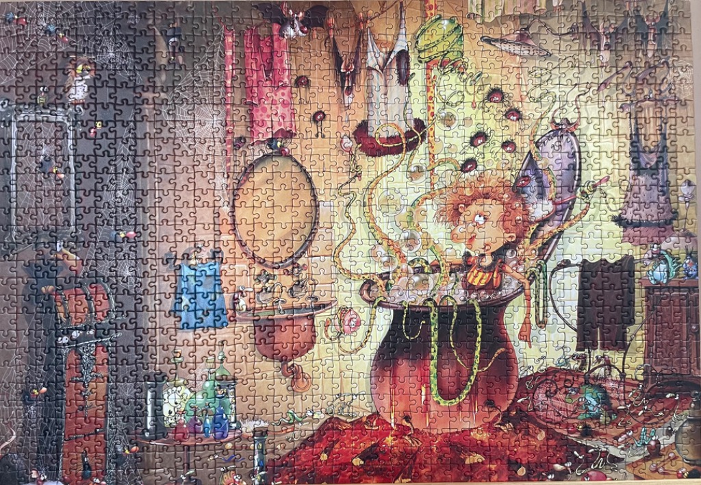 A whimsical illustration of a messy, spooky bathroom with a creature sitting in a bubbling cauldron.