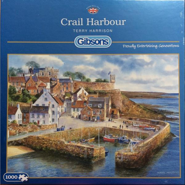 A painterly landscape of Crail Harbour featuring a stone walled inlet with fishing boats and historic white coastal homes.
