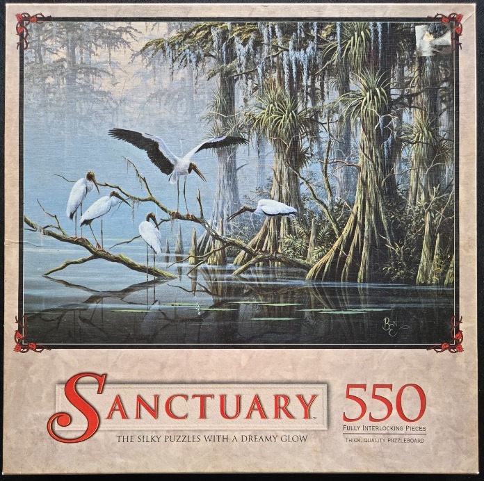 Wood storks perched on a fallen branch in a misty swamp landscape.
