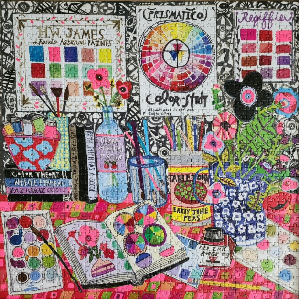 A vibrant, mixed-media style illustration featuring an artist's workspace filled with paint swatches and floral arrangements.