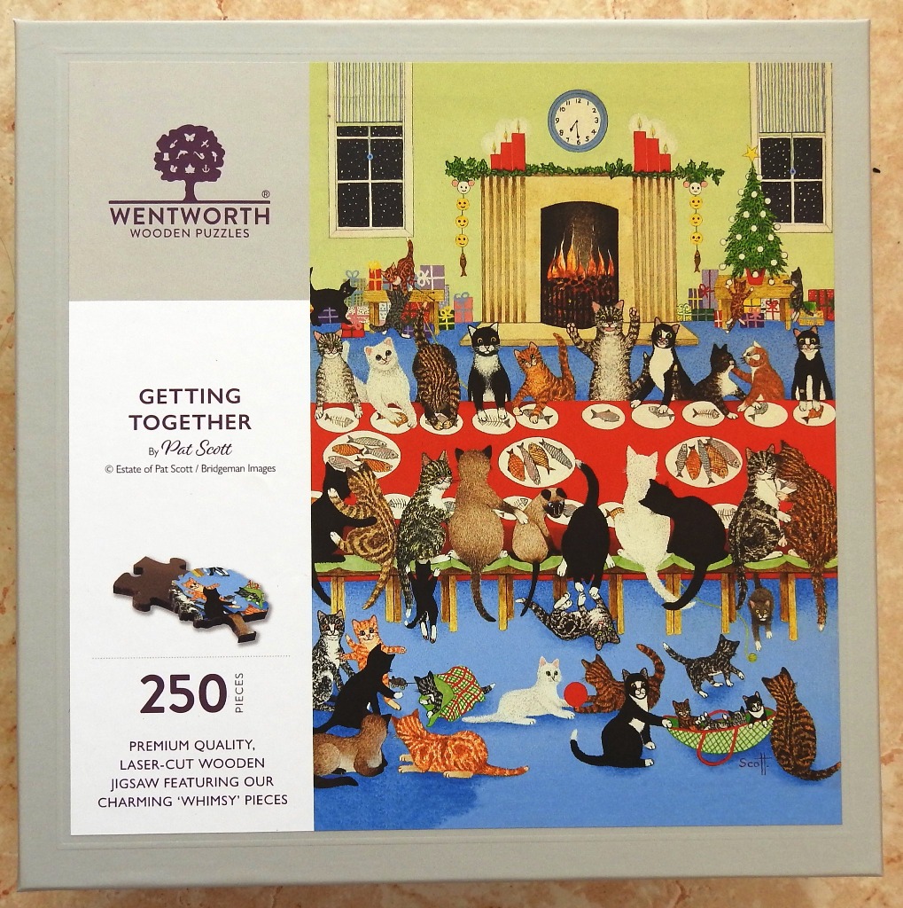 Illustration of many cats having a festive dinner party by a fireplace.