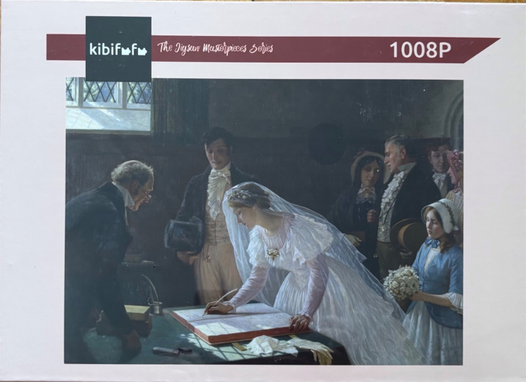 A 19th-century style painting of a bride signing a marriage register at a table surrounded by guests.
