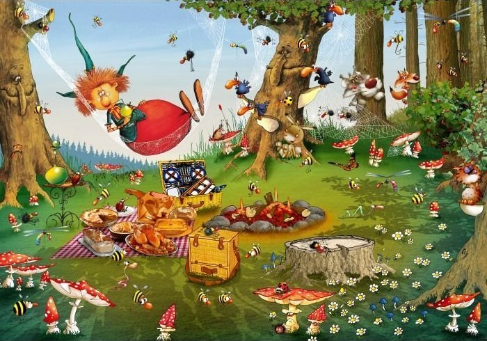 A whimsical forest scene with a cartoon character lounging in a hammock surrounded by animals and woodland food.