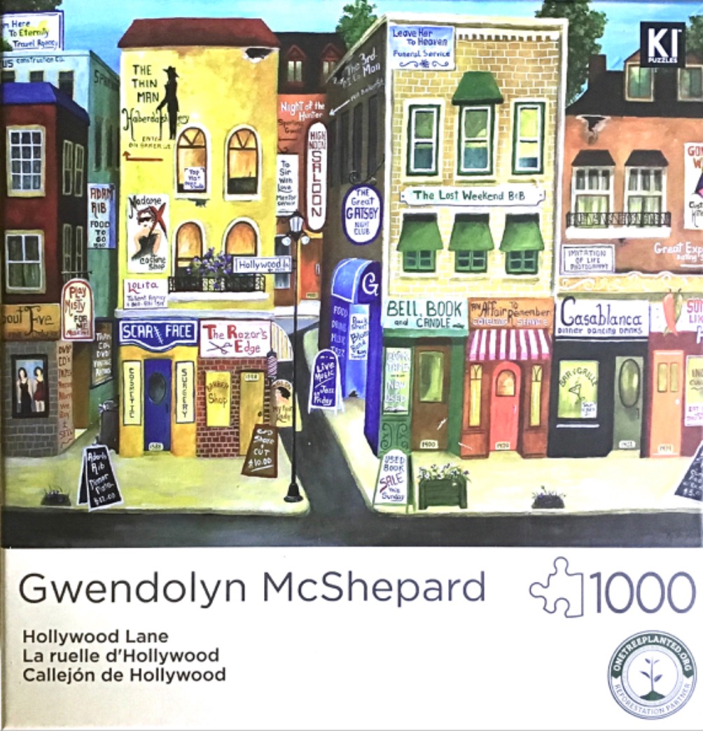 Painting of a bustling street corner lined with shops themed after classic films.