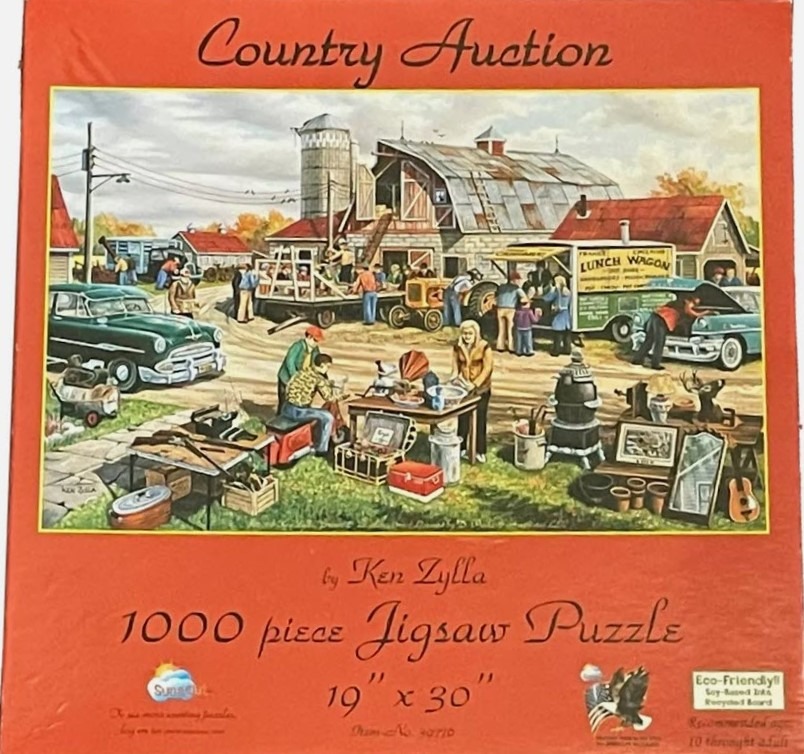 Painting of a bustling rural country auction with vintage cars, farm buildings, and crowds of people.