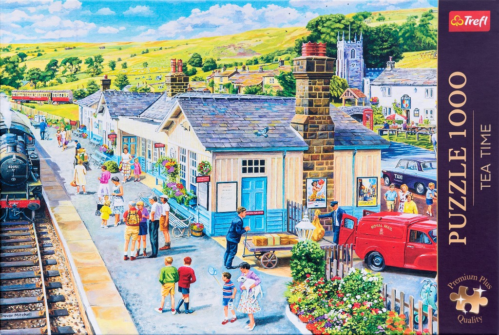 A nostalgic painting of a bustling 1950s English train station with passengers, a steam engine, and rural rolling hills.