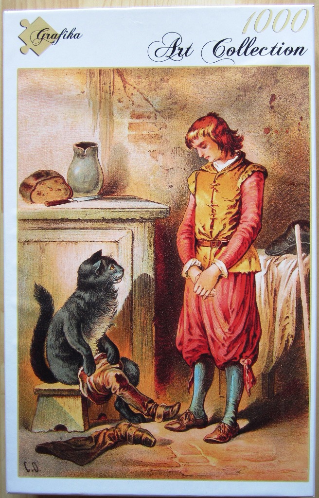 A whimsical illustration of a young boy in historical clothing looking at a black cat wearing his boot.
