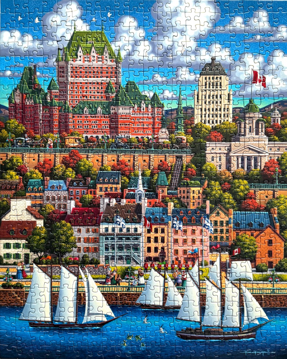 Artistic illustration of the Fairmont Le Château Frontenac overlooking the St. Lawrence River in Quebec City.