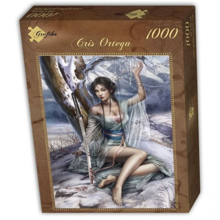 Fantasy digital painting of a woman in traditional robes sitting in the snow next to a katana and a bare tree.