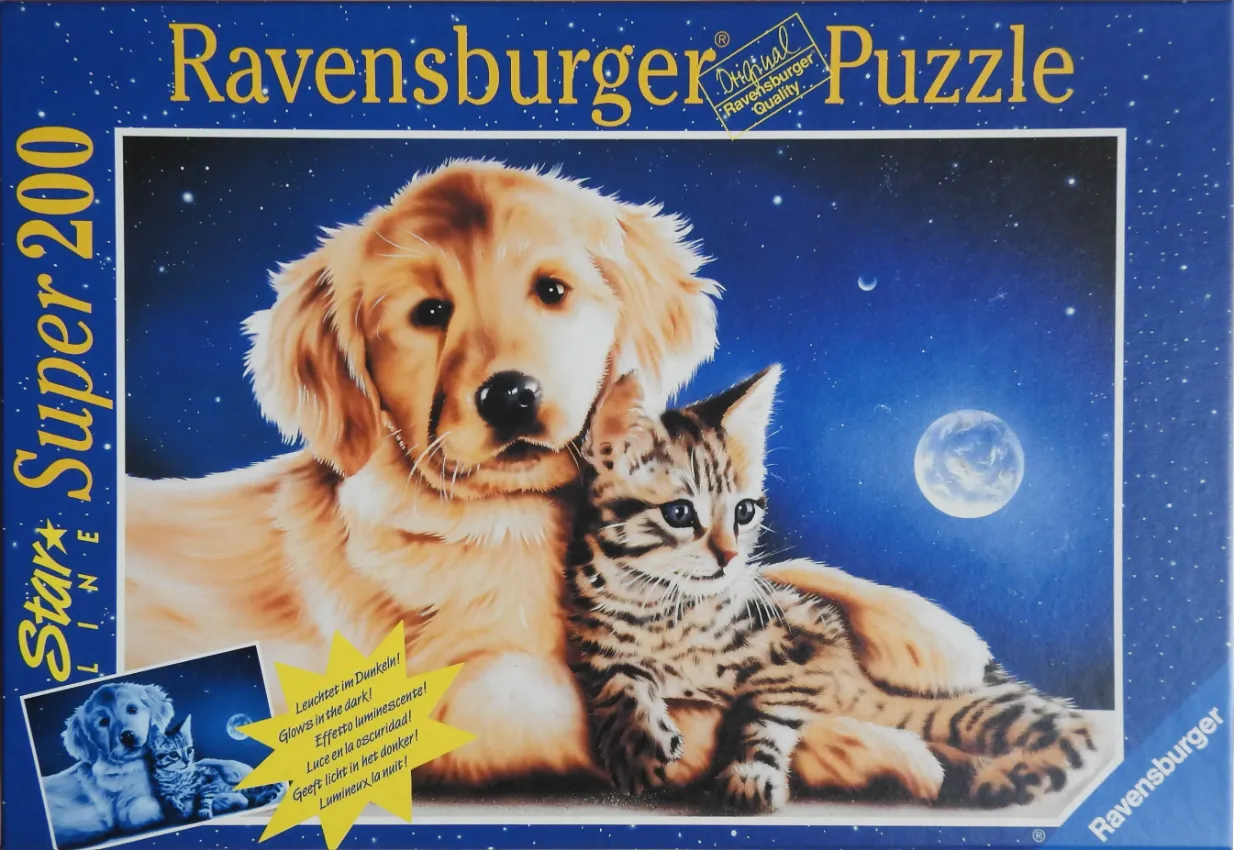 A golden retriever puppy and a tabby kitten huddled together against a starry night sky with a full moon.