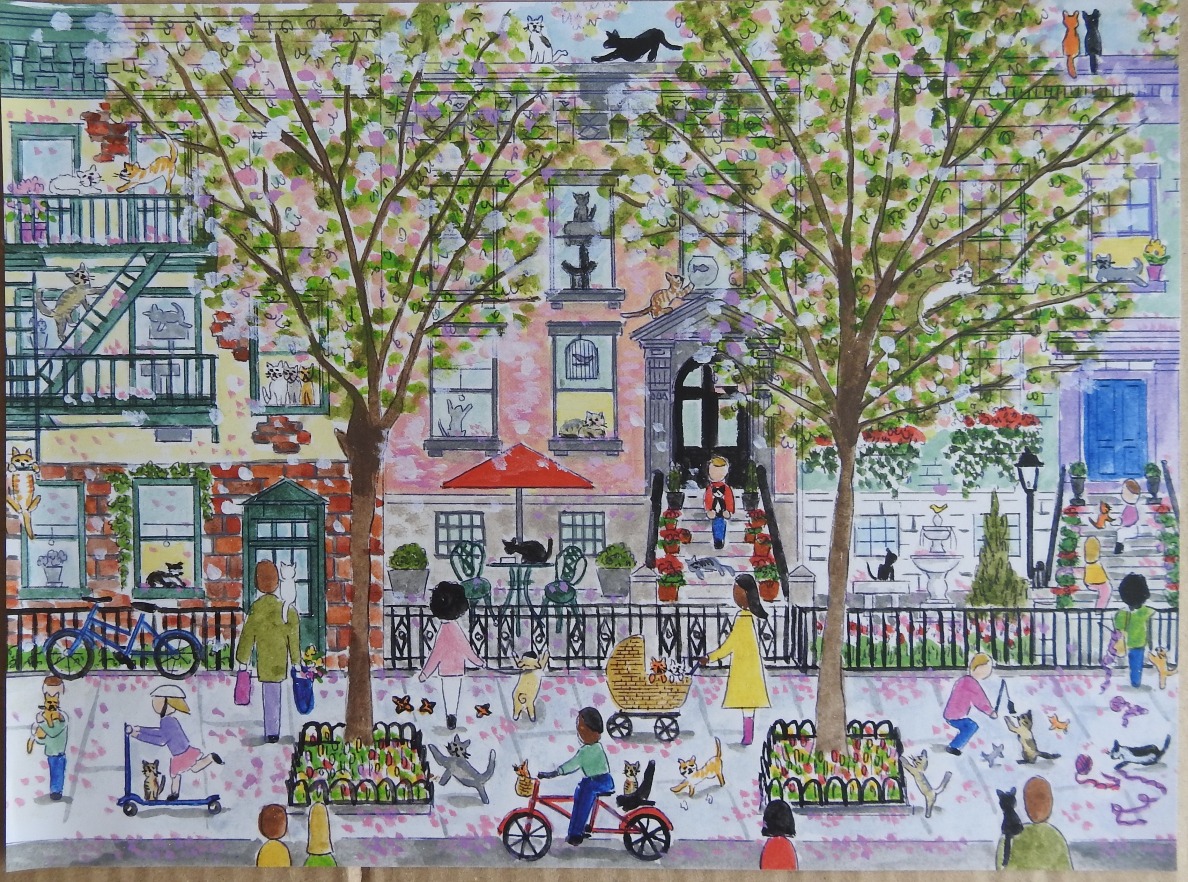 Watercolor illustration of a busy city street scene filled with cats and people enjoying a spring day.