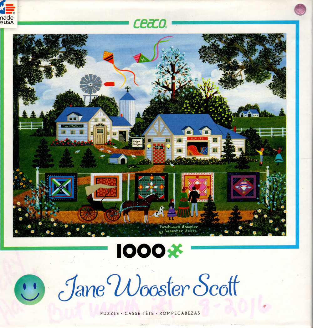 Folk art scene of a rural American farmstead with quilt-decorated buildings, a horse-drawn carriage, and kite flying.
