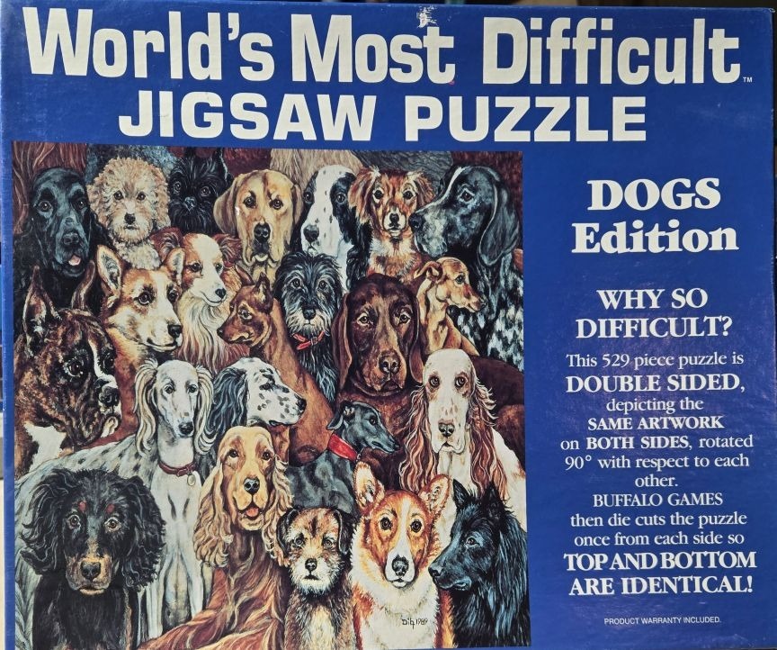 A dense illustration of many different dog breeds overlapping in a collage style.