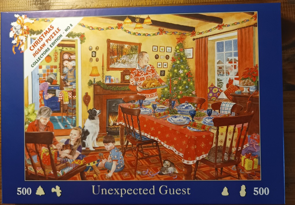 A cozy, illustrated Christmas dining room scene featuring a family preparing for dinner while Santa peaks through a window.