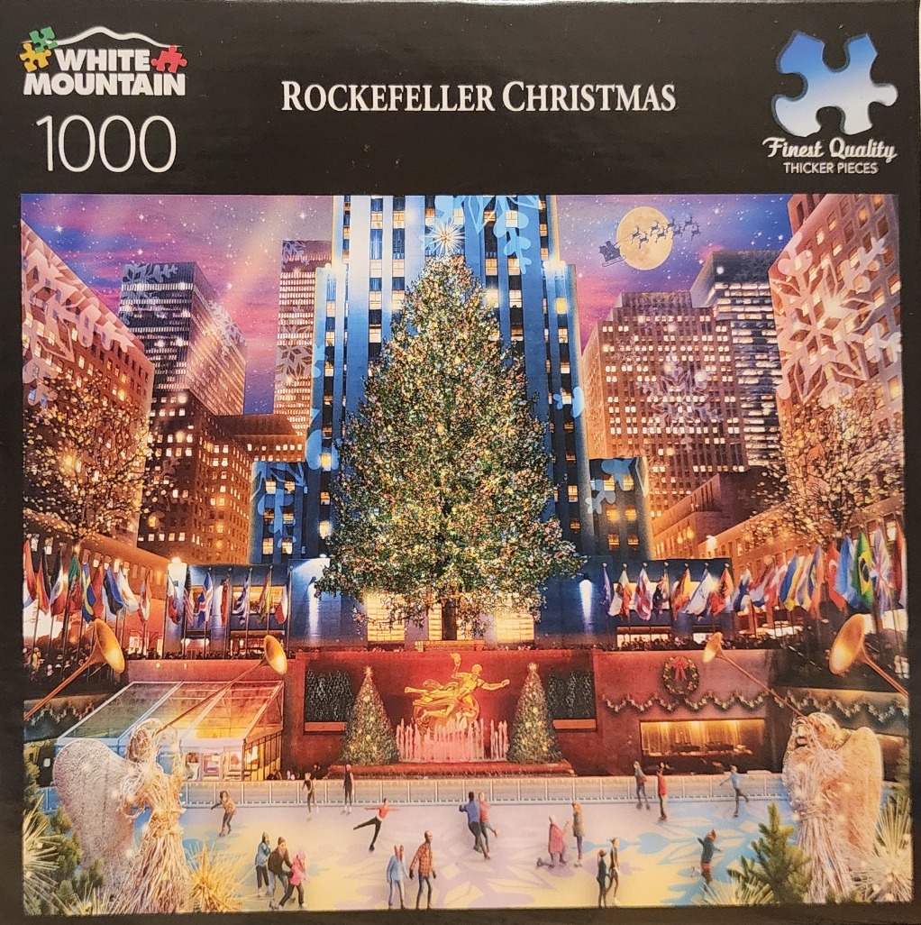 An illustration of the Rockefeller Center Christmas tree and ice rink at night, surrounded by city skyscrapers.
