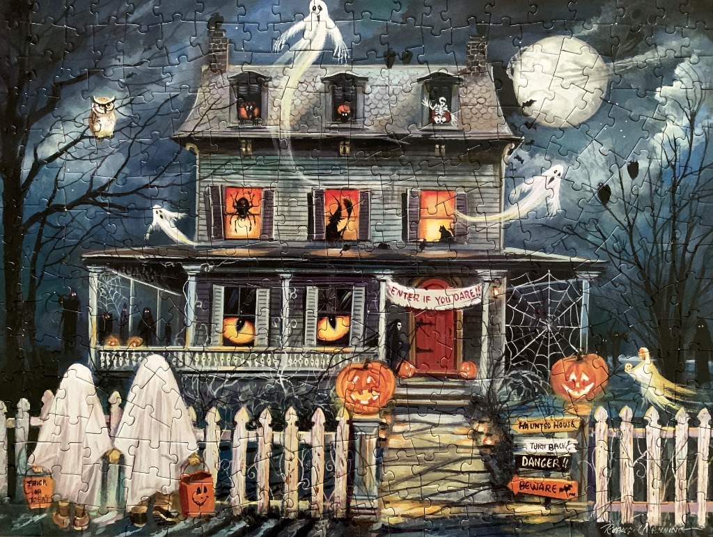 A whimsical Halloween illustration of a haunted house at night with ghosts and trick-or-treaters.