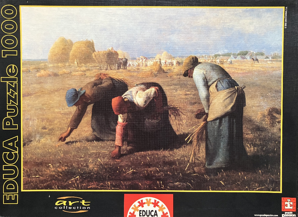 A painting of three peasant women gleaning in a golden wheat field under a vast sky.