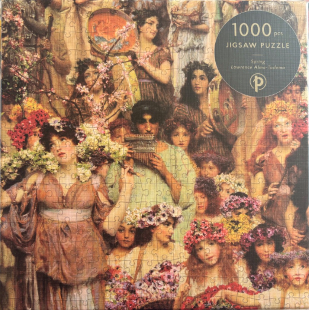 A classical oil painting by Lawrence Alma-Tadema titled Spring showing a crowd of joyous, flower-crowned people.