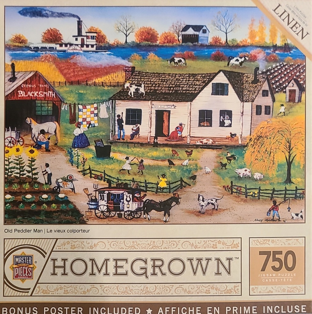 Folk art style painting of a busy 19th-century farmstead with a blacksmith shop, farmhouse, and steamboat on a river.