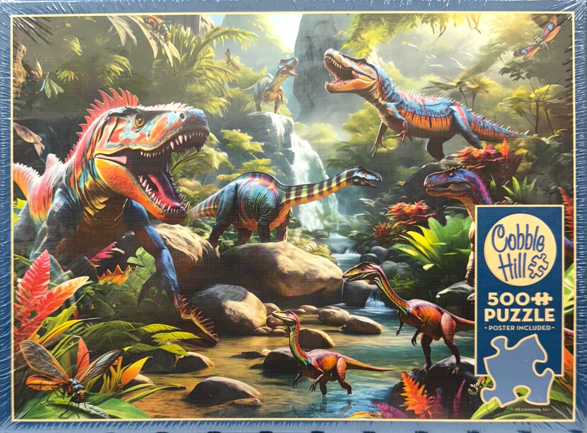A lush prehistoric jungle scene featuring multiple vibrant, multi-colored dinosaurs around a waterfall and stream.