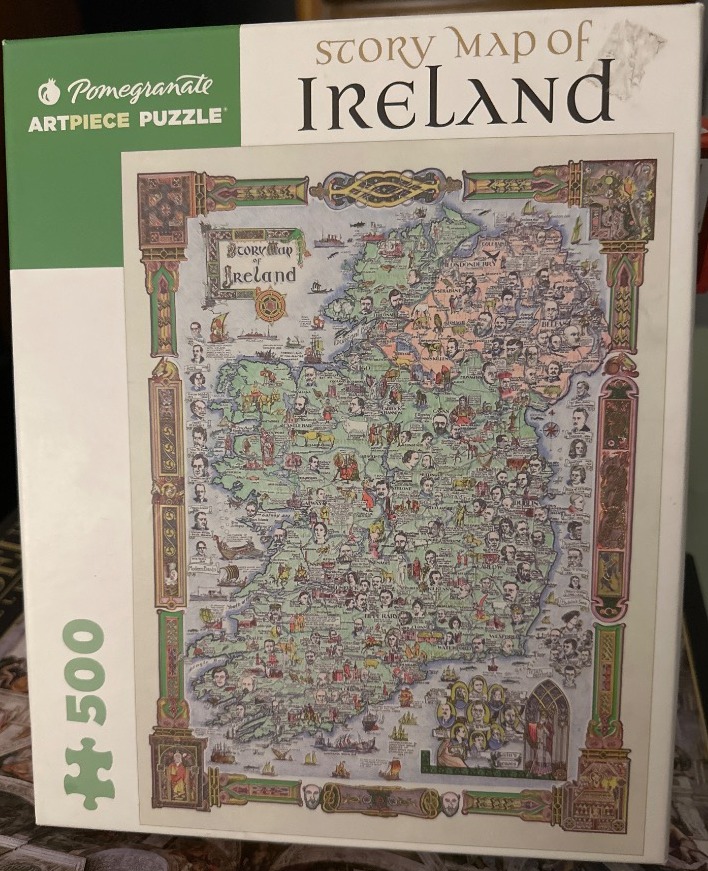Illustrated historical story map of Ireland featuring portraits, landmarks, and Celtic border designs.