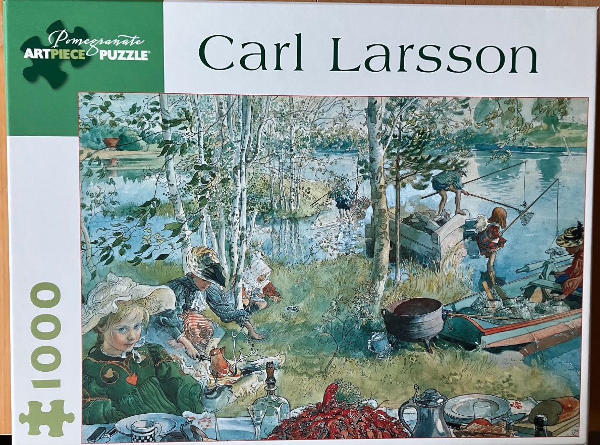 A watercolour painting of a picnic scene by a lake with children fishing, people foraging, and a table set with crayfish.