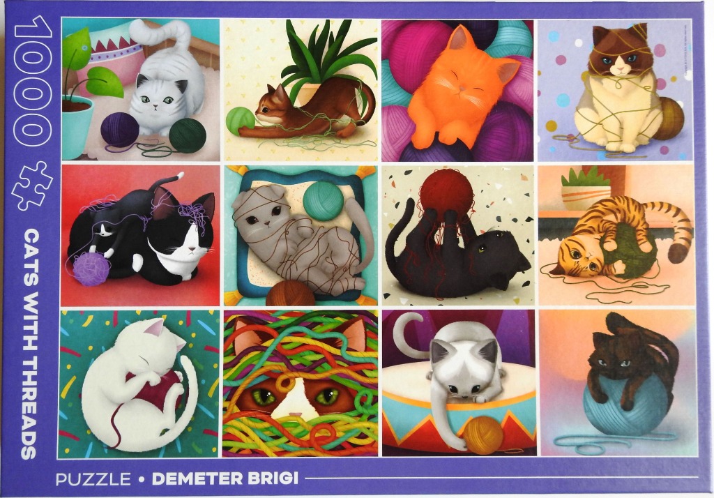 A collage of twelve illustrations showing various cats and kittens playing with balls of colorful yarn.