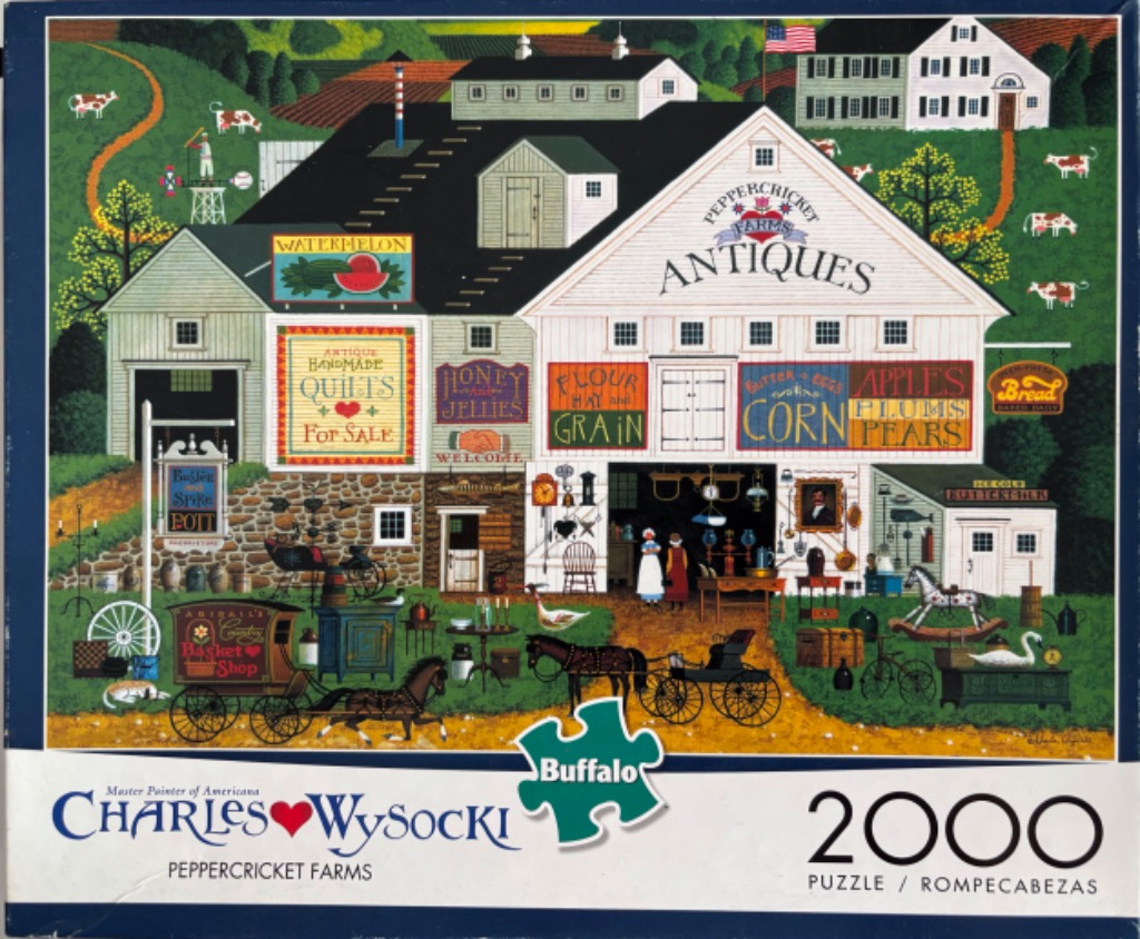 Folk art scene of a country antique shop at Peppercricket Farms featuring horses, carriages, and farm buildings.