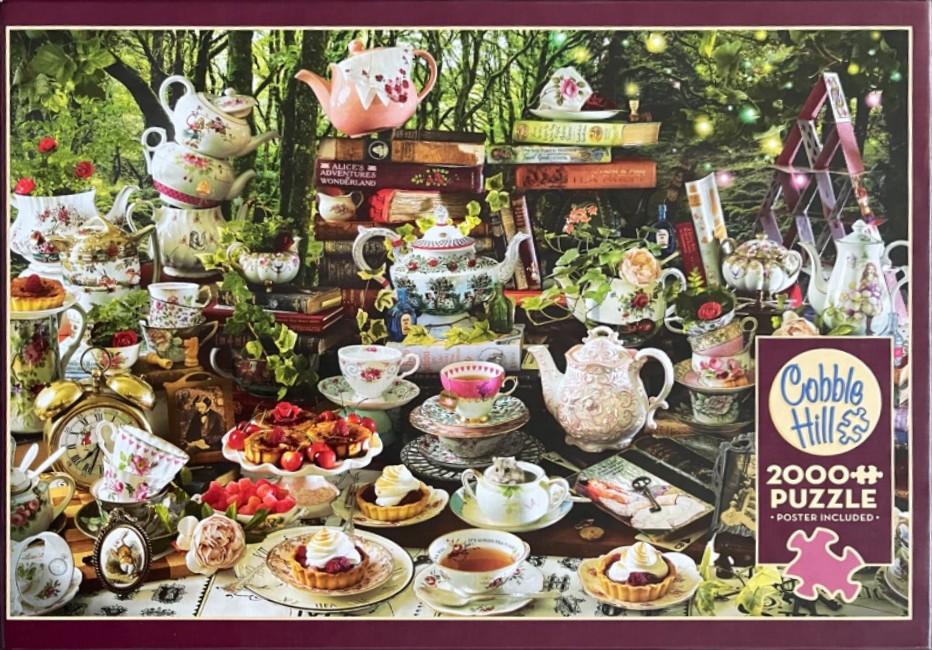 An Alice in Wonderland themed tea party scene with stacked teapots, pastries, and books in a magical forest.