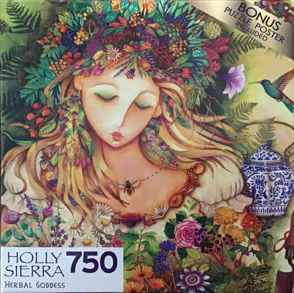 Illustration of a serene woman as a herbal goddess surrounded by lush flowers, greenery, and a hummingbird.
