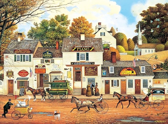 A vintage street scene with horse-drawn carriages and colonial-style storefronts in autumn.