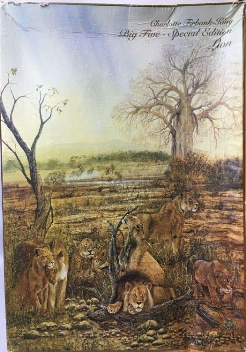 An oil painting of a pride of lions relaxing in an African savanna landscape with a large baobab tree.