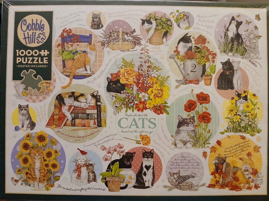 A collage of various cat illustrations surrounded by flowers, plants, and handwritten quotes.