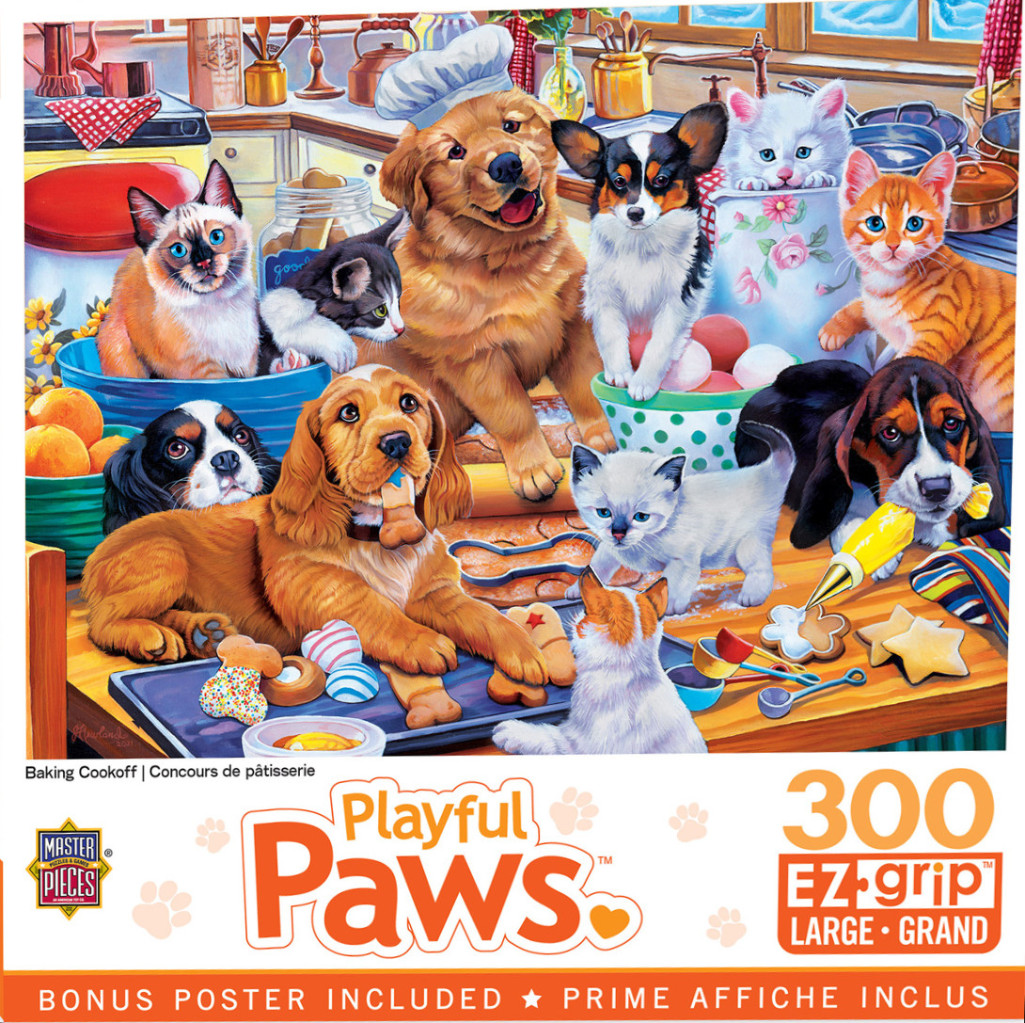 An illustration of various kittens and puppies wearing a chef hat and playing with baking supplies in a kitchen.