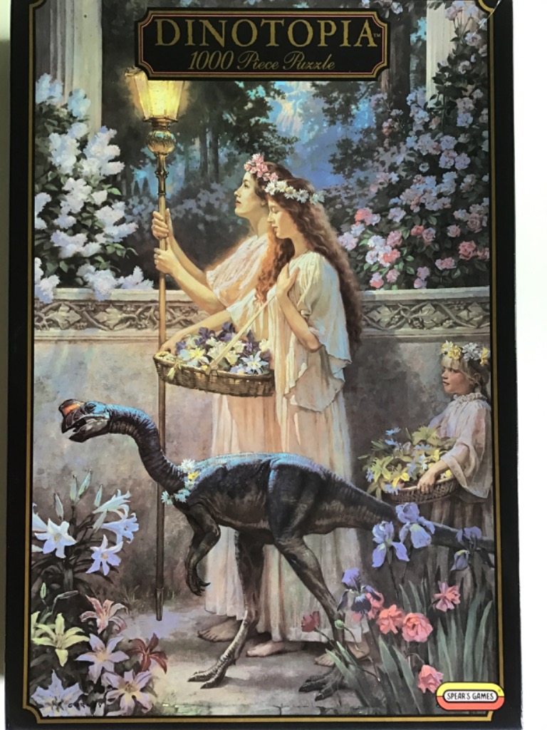 Two women and a young girl in classical white dresses walking with a dinosaur in a lush, floral garden setting.