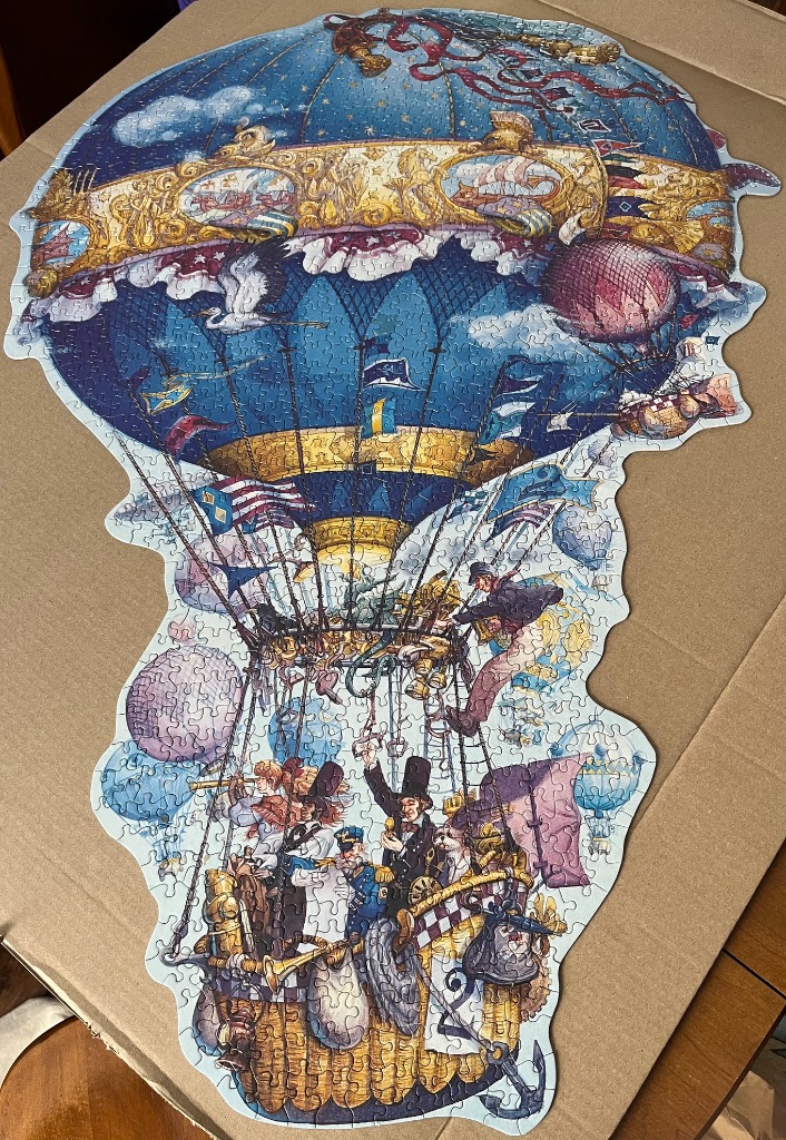 A whimsical illustration of a fantastical hot air balloon carrying Victorian-style passengers through a star-filled sky.