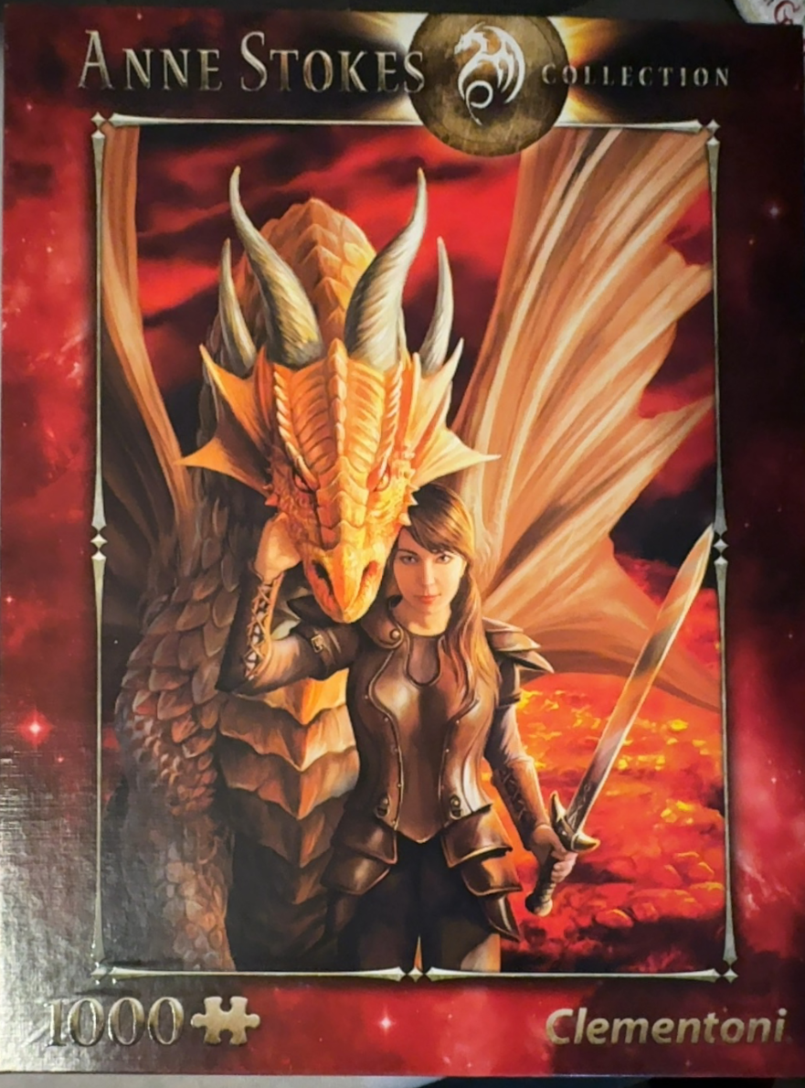 A fantasy illustration of a woman in armor standing next to a large orange dragon against a fiery red background.