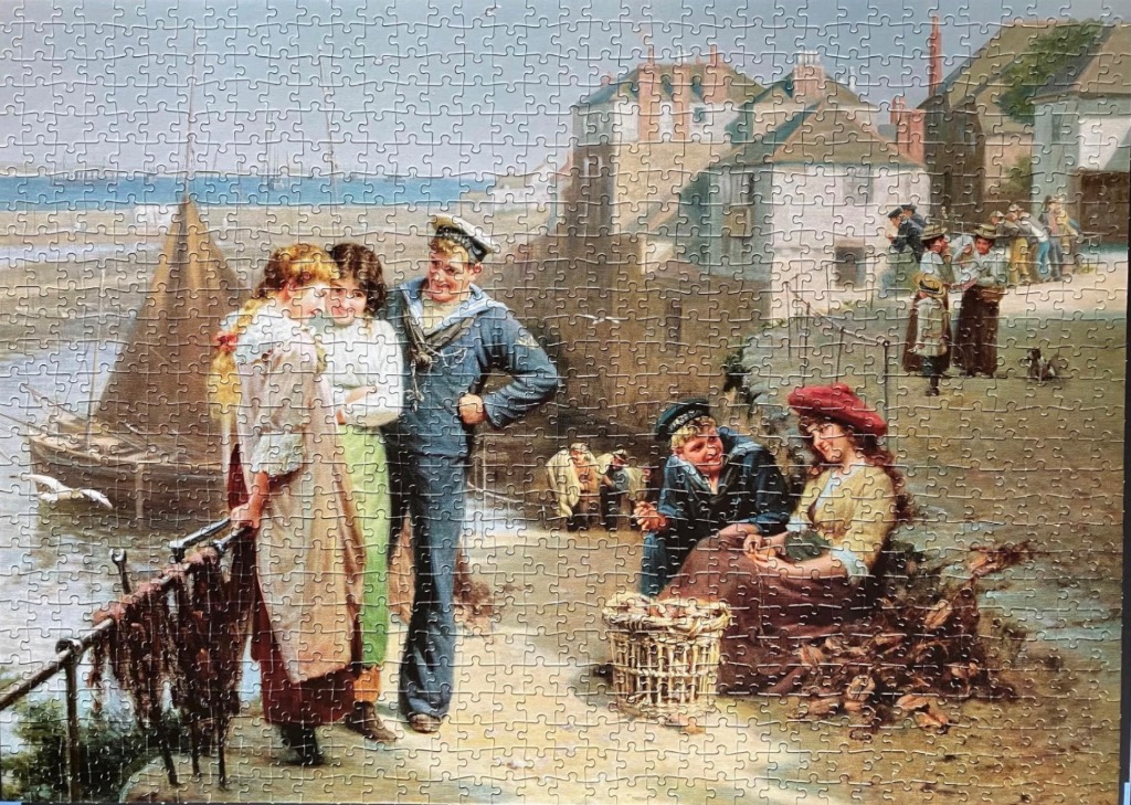 A Victorian-era coastal scene featuring a sailor interacting with women on a dock near fishing boats and old stone buildings.