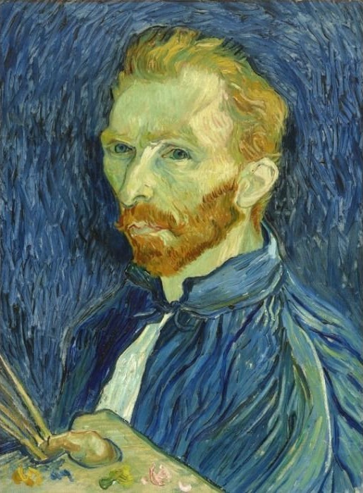 An oil painting portrait of a man with red hair and beard, wearing a dark blue coat against a swirling blue background.