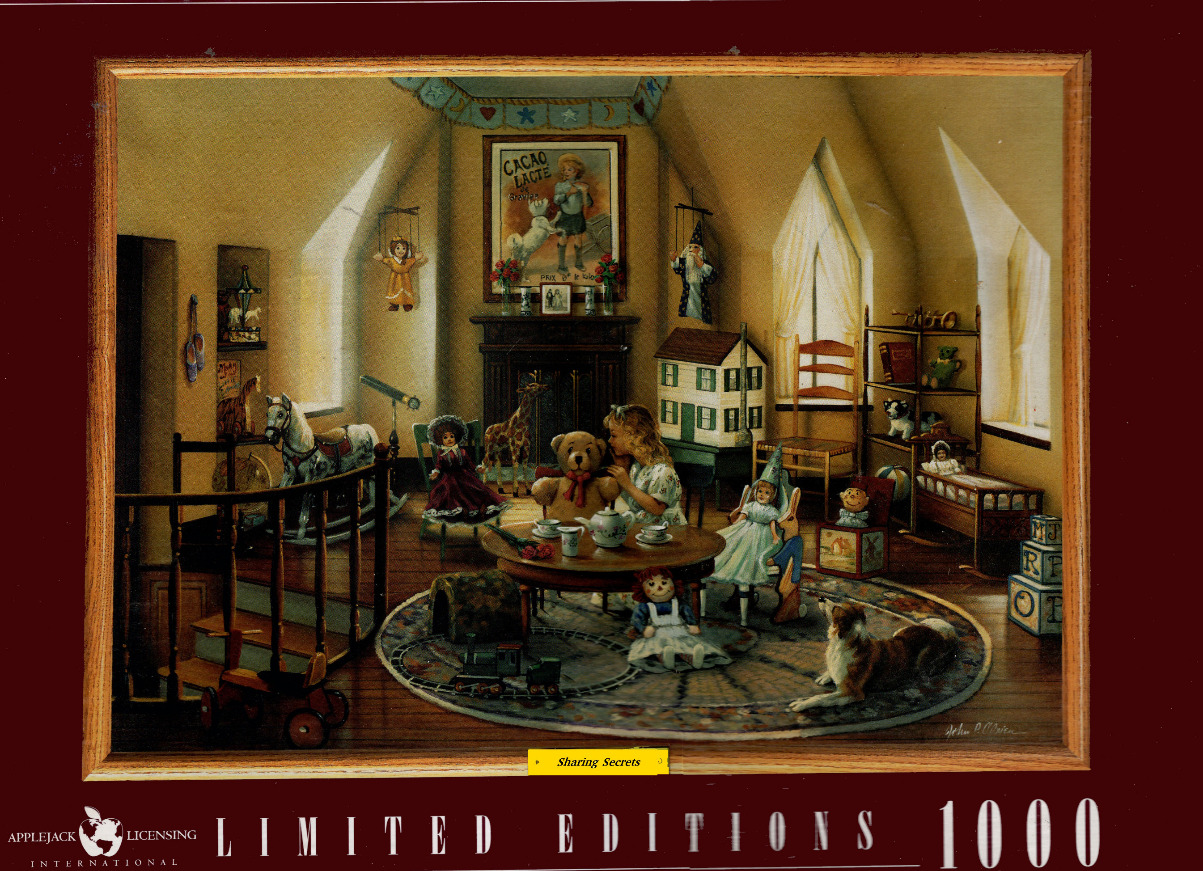 A nostalgic painting of a young girl having a tea party with her dolls and teddy bear in a cozy, sunlit attic playroom.